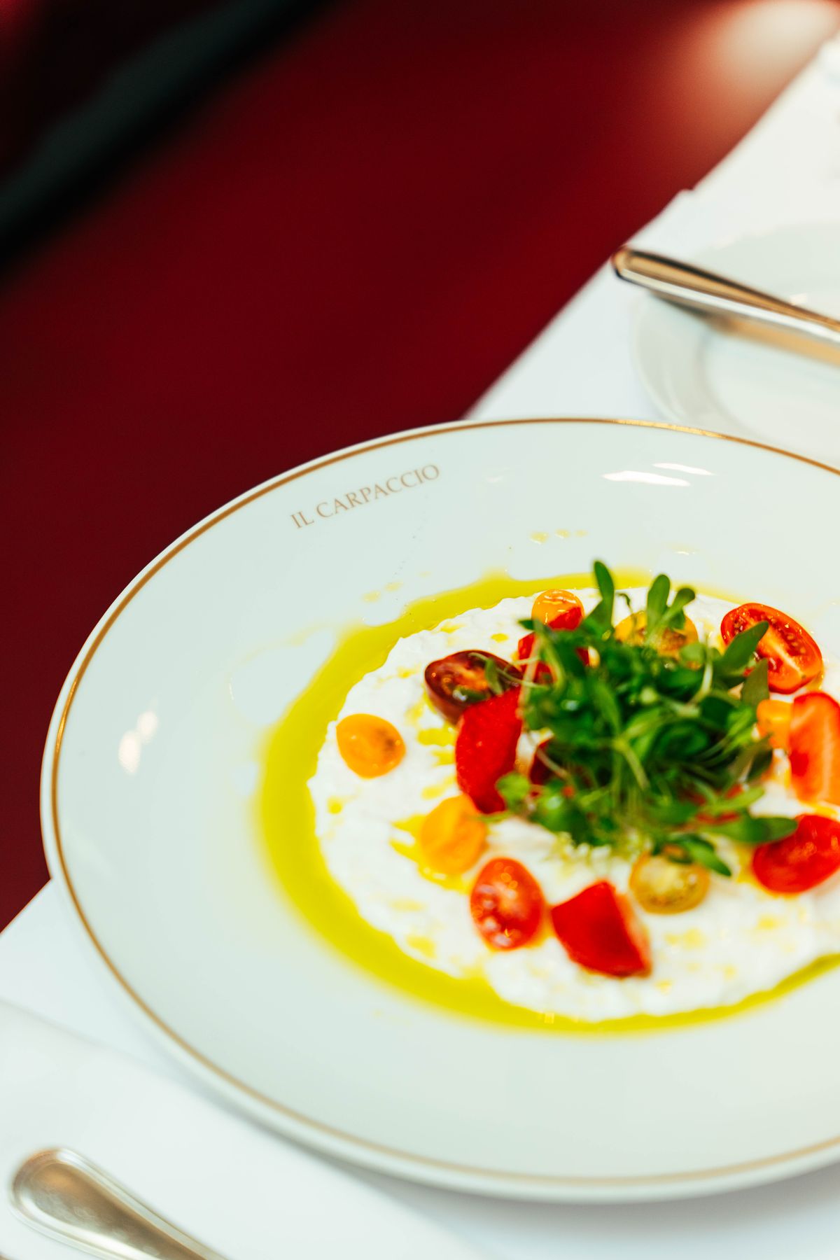 Burrata, tomates cerises et jeunes pousses à l'huile d'olive
