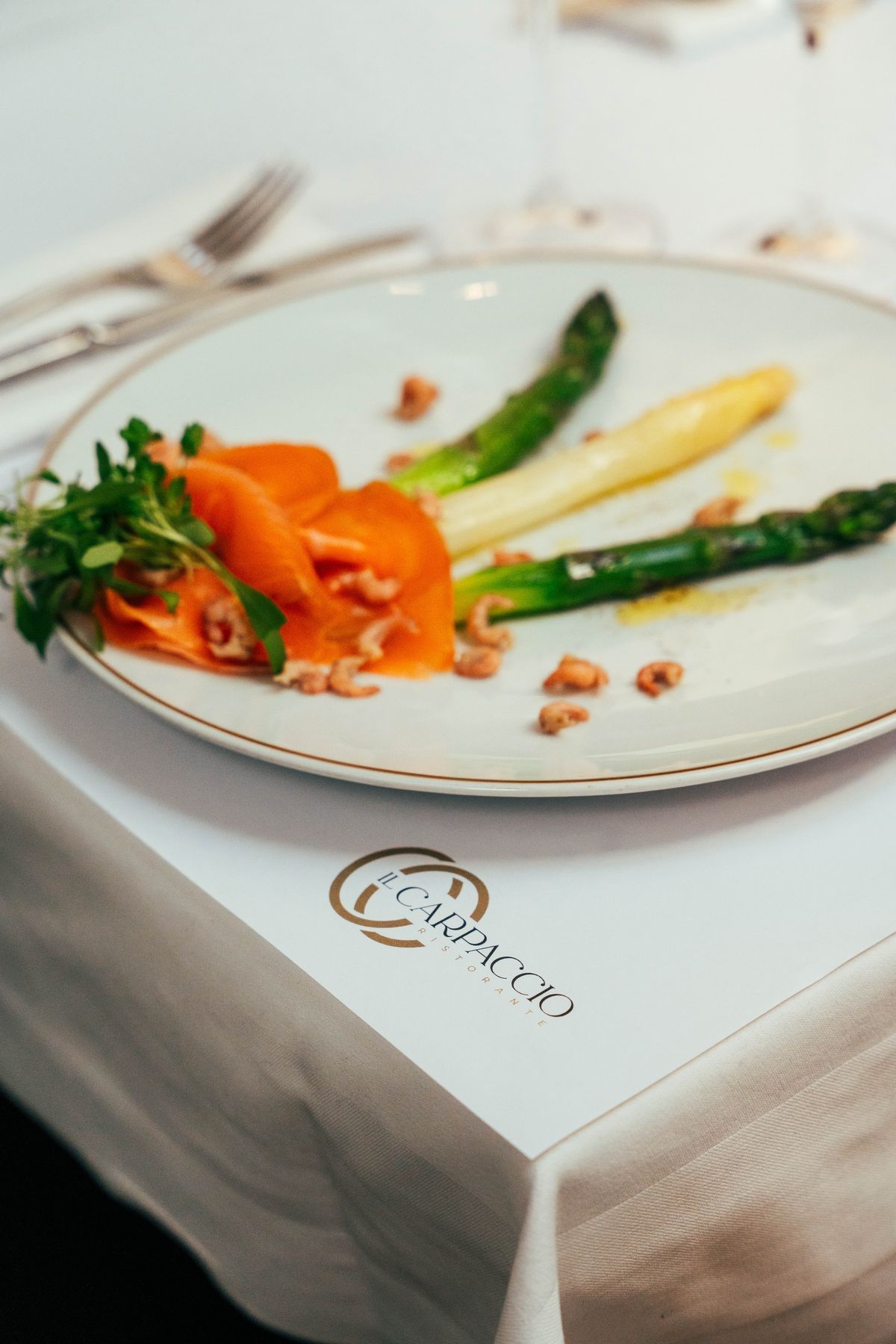 Saumon, asperges vertes et blanches et crevettes grises sur une assiette Il Carpaccio